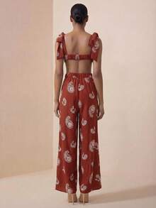 Zivah Vintage Embroidery Look Linen Fabric Tie-Up Bralette Crop Top And Long Pants 2-Piece Set For Women - Brown - View 2