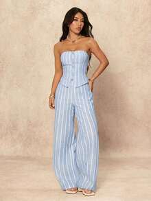 SHEIN PETITE 女款條紋單排扣抹胸上衣與寬腿褲兩件套 - 淺藍色 - 查看 4