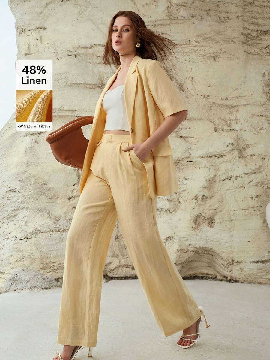 MOTF PREMIUM PANTALONES DE TRAJE PLISADOS DE MEZCLA DE LINO, ROPA CASUAL PARA VIAJES PARA PRIMAVERA Y VERANO - Amarillo claro - Ver 1