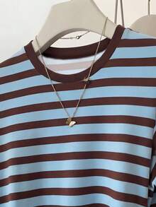 Camiseta casual de cuello redondo a rayas para niñas preadolescentes, versátil para uso diario - Azul - Ver 3