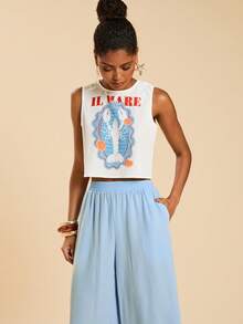 Travachic Women's Ocean Pattern Tank Top & Wide Leg Pants 2 Pieces Set,Light Blue And White Bohemian Print,Summer Casual Beach Holiday Vacation Outfits Coords - Multicolor - View 7