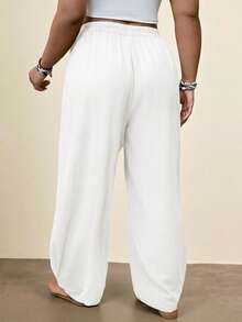 Freevana Plus Size Women Elastic Waist Pocket Casual Everyday Wear Pants - White - View 2