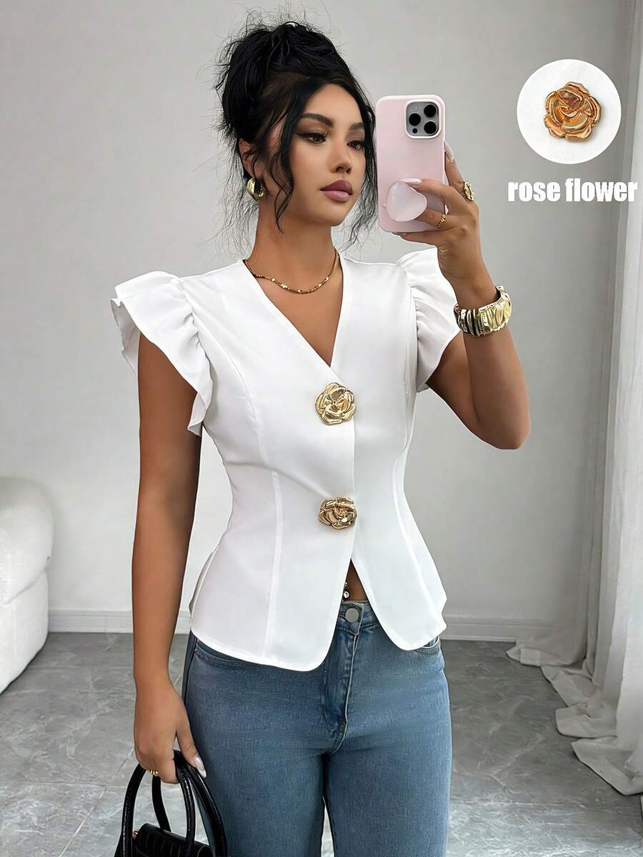 SHEIN Elenzya 女款優雅V領金屬扣飾裝飾、收腰設計與荷葉袖、精緻女士襯衫 - 白色 - 查看 1