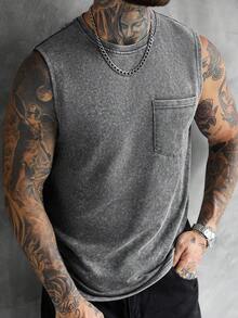 SLATEMANN Men's Casual Vintage Style Washed Tank Top With Chest Pocket, Suitable For Outings And As Gifts For Friends - Grey - View 3