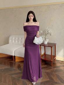 Modelyn 紫色女士网纱波点印花露肩褶皱腰身优雅婚礼/约会连衣裙 - 紫色 - 查看 7