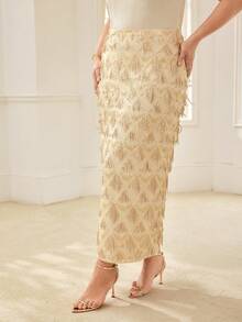 MOTF PREMIUM PLUS SIZE BEADED FRINGE STRAIGHT SKIRT - Gold - View 5