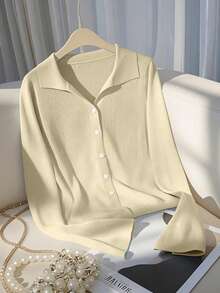 Franclia New Stylish Short French Chic Polo Collar Cardigan For Women, Fashion Versatile Knit Sweater, Spring/Autumn - Beige - View 8