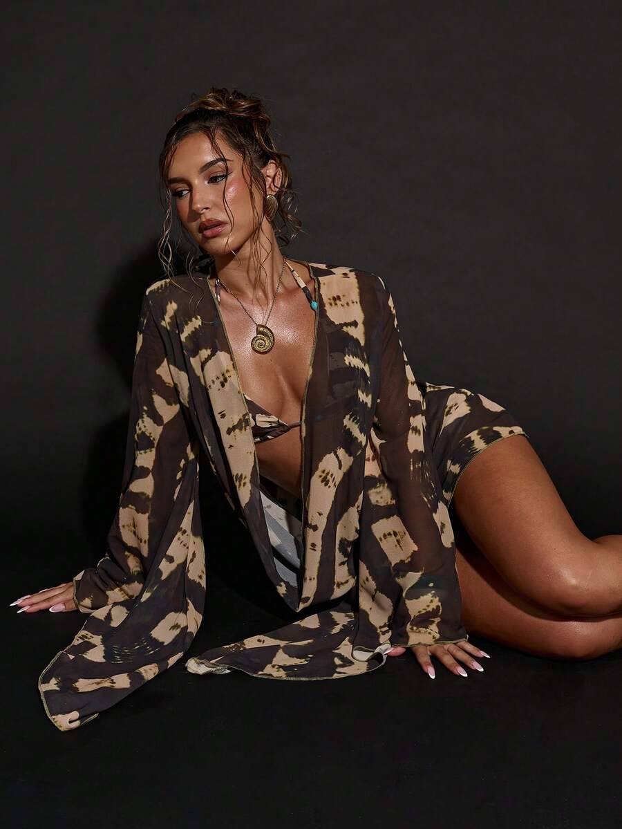 SHEIN BAE Women's Beach Vacation Casual Printed Loose Cover-Up,2026 Summer New Arrival: Brown Animal Print Halter Neck Dress/Cover-Up, Beach Vacation Wear, Sexy Party/Music Festival Swimwear, Hawaiian Style, Women's Beach Vacation Wear, Elegant Women's Beach Wear, Vacation Wear, Beach Party, Pool Party Cover Ups For Swimwear - Brown - View 1