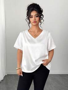 Elenzga Plus-Size Elegant Glossy Minimalist V-Neck Satin Shirt For Women, A Casual Business Summer Outfit. - White - View 4