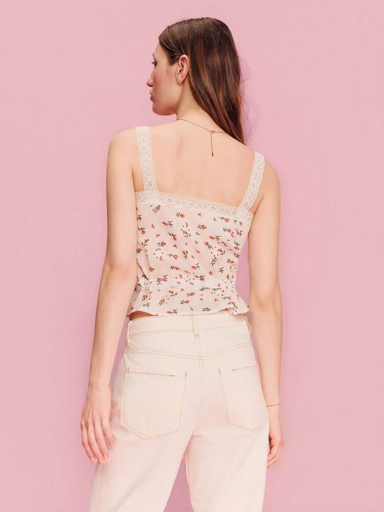 White Lace-Trimmed Button Front Cami Top With Pleats And Waist Tie Spring Summer French Style Parisian Style Vacation Top Cute Summer Top