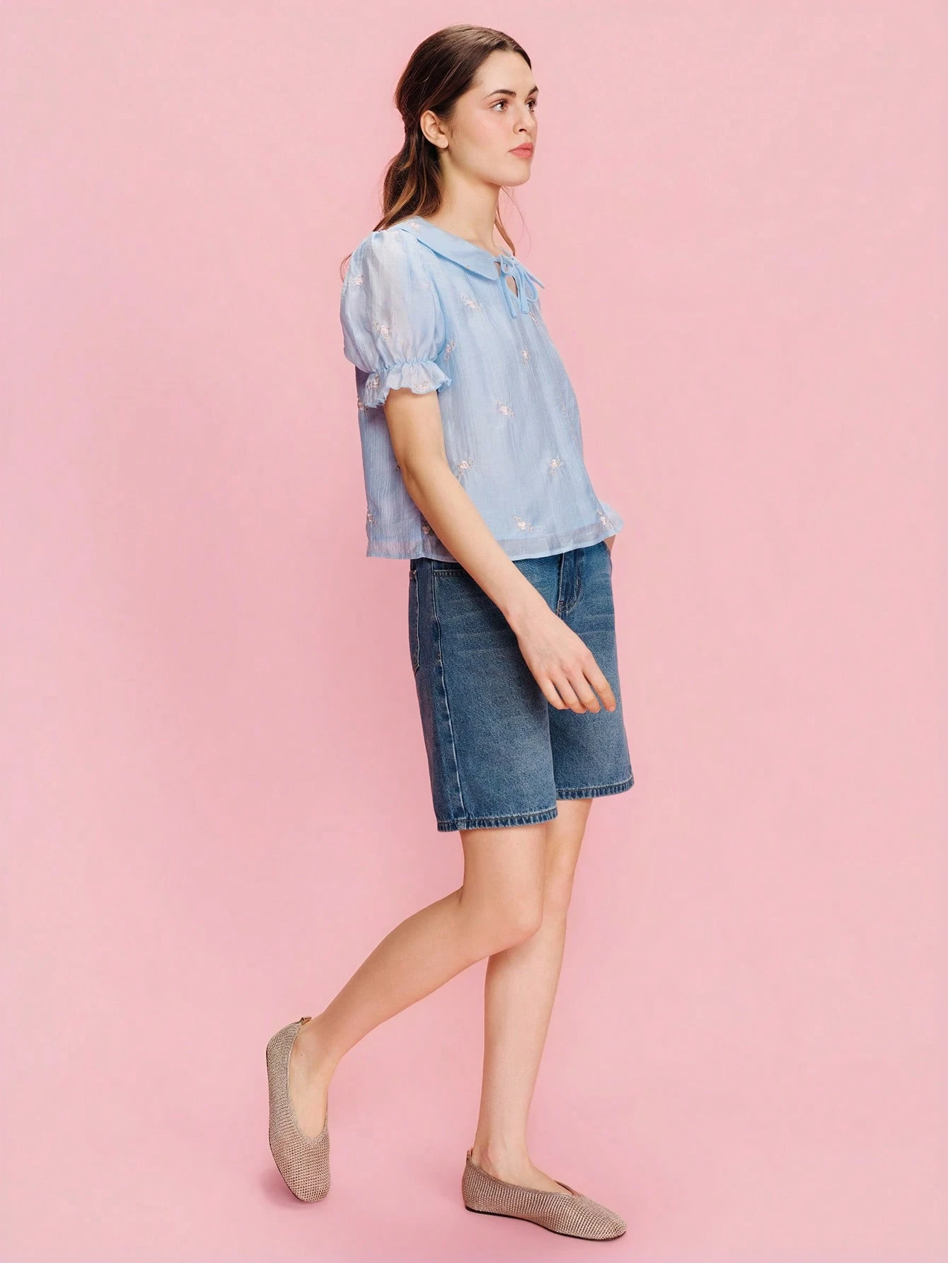 Blue Loose Fit Blouse With Floral Embroidery Puff Shoulders, Keyhole Neck Spring Summer Wear To Wear Blouse For Women Casual Women Blouse Top