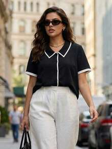 GlowEve CURVE Áo thun nữ cỡ lớn, chất liệu vải dệt kim gân, cổ bẻ, tay ngắn, raglan, dáng rộng, thẳng, thoải mái, đa năng, thích hợp mặc hàng ngày. - màu đen - Xem 3