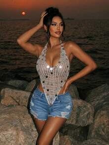 Swim SXY New Arrival Women's Deep V-Neck Sequin Tie-Up Sexy Knit Top - Grey - View 10