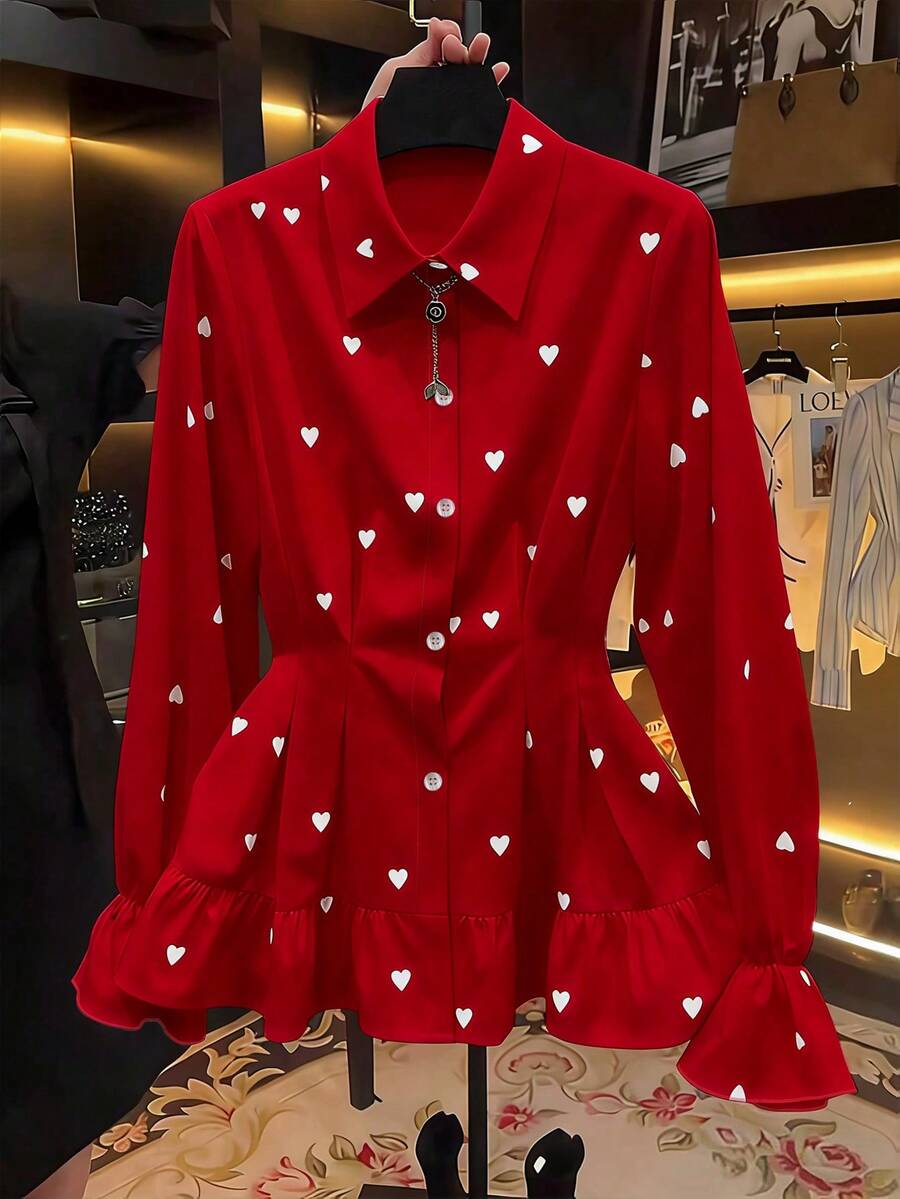 Franclia 女士时尚印花腰部衬衫 - 紅色 - 查看 1