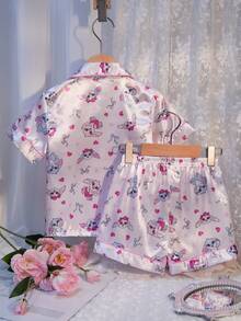 2pcs/Set Piyama Anak Perempuan Motif Kelinci Lucu, Kardigan Lengan Pendek dan Celana Pendek - Berwarna merah muda - View 7