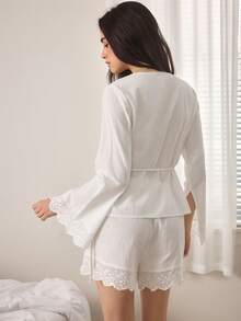 Ocili Tuta comoda in stile boho in morbido cotone con laccetti, set di abbigliamento casual e chic da donna per l'autunno - Bianco - Visualizzare 3