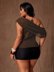 Rustia Plus Size Elegant Polka Dot Asymmetrical Shoulder Ruffle Blouse, Spring/Summer - Coffee Brown - View 2