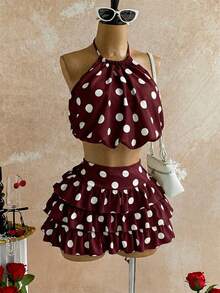 Soleia Bộ áo hai dây chấm bi và chân váy xòe cho nữ, thích hợp cho những buổi hẹn hò mùa hè, đi biển và dạo chơi bên bờ biển. - Cà phê nâu - Xem 3