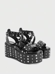 Sugerpunk Giày sandal đế xuồng đính kim tuyến, khóa cài nhọn dành cho nữ. - màu đen - Xem 2
