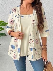 EMERY ROSE Summer Women's Floral Leaf Printed Patchwork 2 In 1 T-Shirt Graphic Tees Women Tops - Apricot - View 6