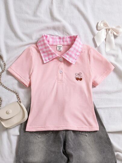 女童（小号）荷叶边领条纹短袖T恤，修身通勤休闲款