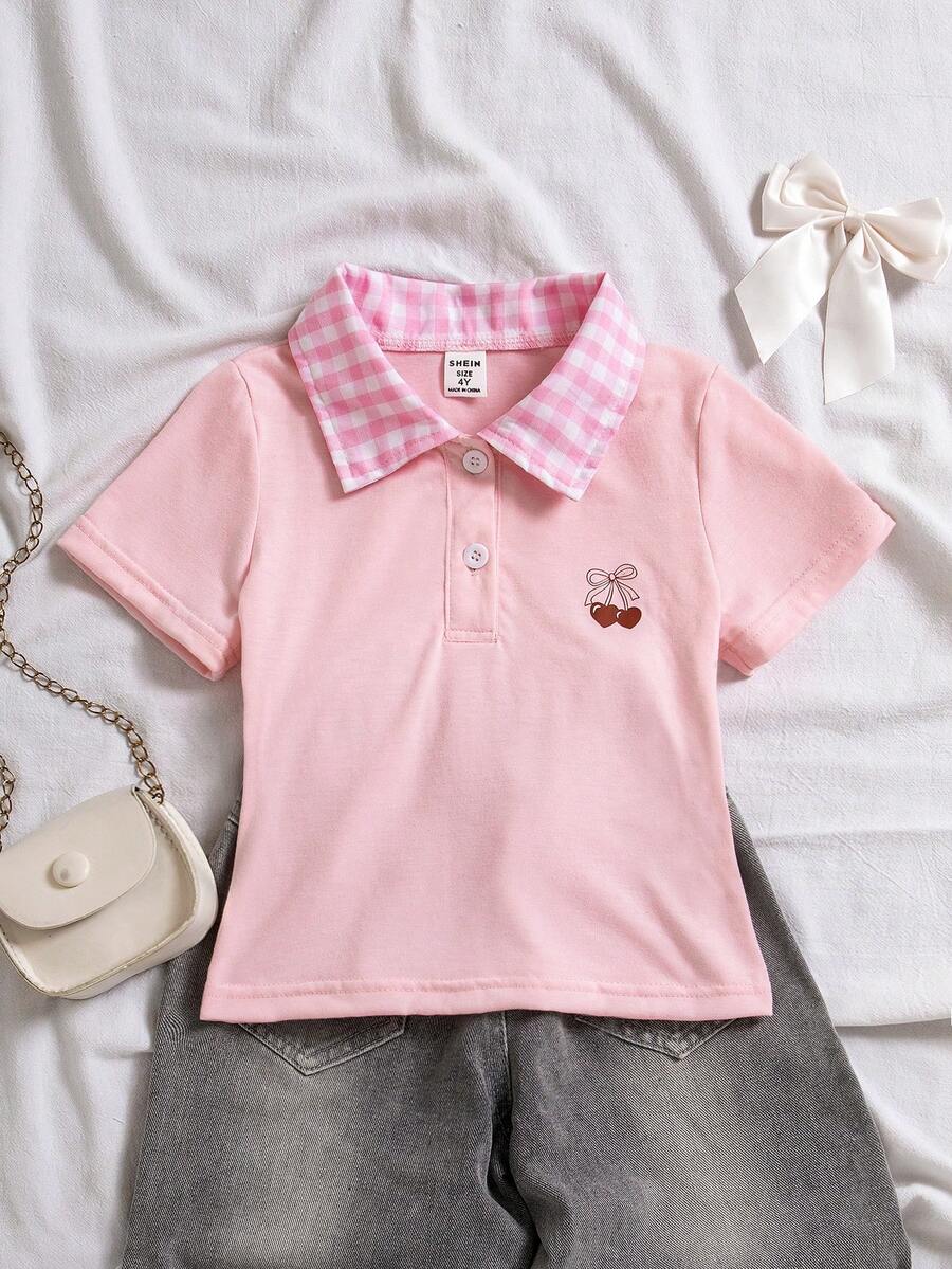 女童（小号）荷叶边领条纹短袖T恤，修身通勤休闲款 - 彩色 - 查看 1