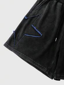 ROMWE MEN Street Life Pantalones cortos con estampado de estrellas, dobladillo deshilachado, cintura con cordón y bolsillos para hombre - Negro - Ver 5