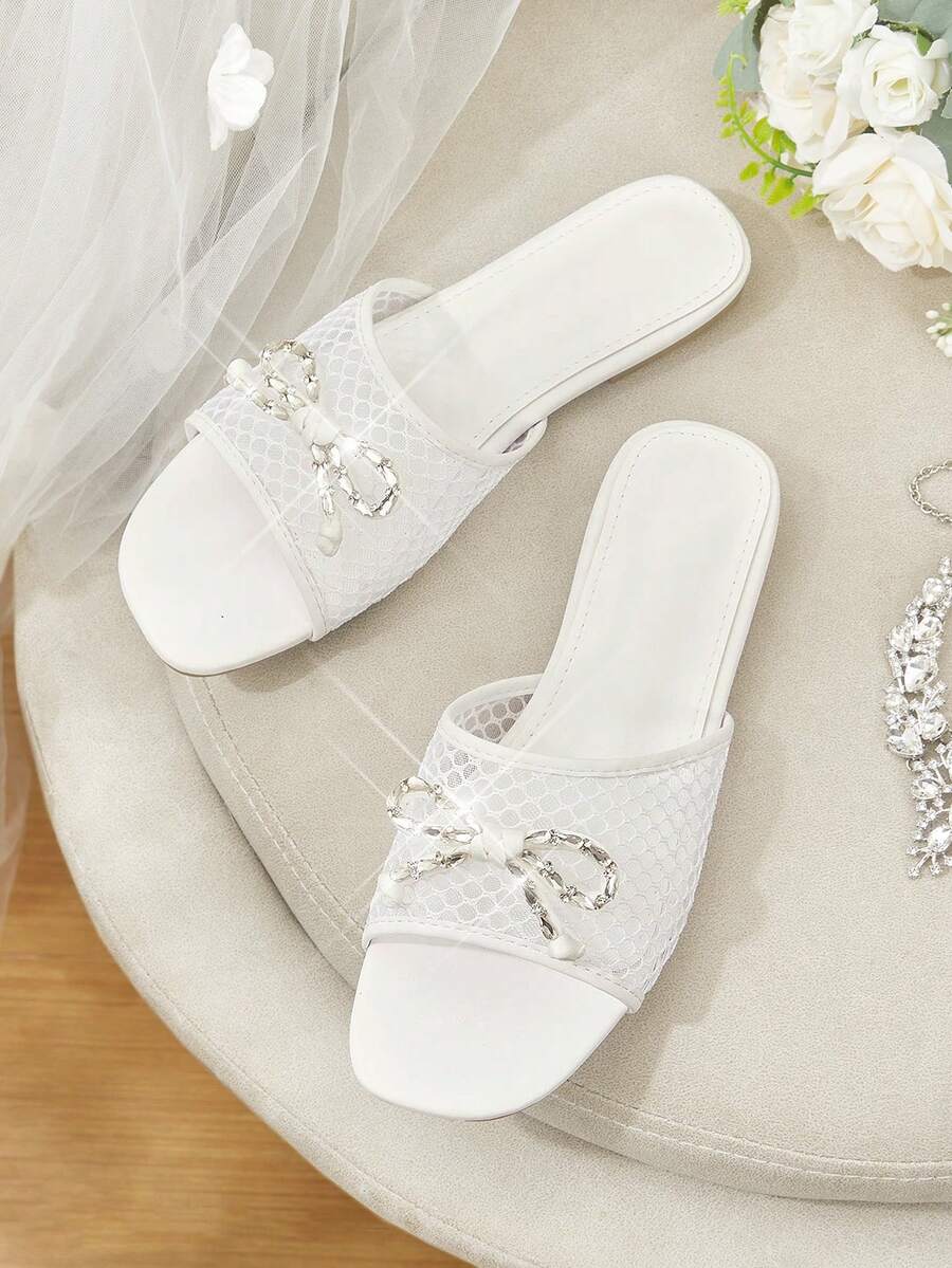 CUCCOO HITCHD Damenschuhe Sommer Neu Schleife Strass Mesh Flache Schuhe, weiße quadratische Zehenform modisch elegant vielseitig Casual Strandschuhe Cut Out atmungsaktiv nicht müde Füße Tragen Sandalen - Schneewittchen - Übersicht 1