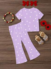 紫色甜心印花，情人节少女休闲简约圆领短袖T恤和喇叭裤两件套，适合夏季穿着 - 彩色 - 查看 2