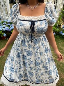 Lyrianda Plus Size Romantic Square Neck Waist Cinched A-Line Dress - Multicolor - View 3