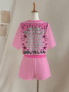 Slaydiva 女士字母和图案印花短袖T恤和短裤休闲两件套 - 彩色 - 查看 5
