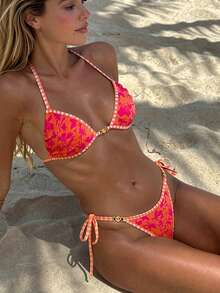 Swim Vcay Women's 2 Pieces Swimwear Set, Floral Print, Front Metal Decor Triangle Cup, Beach Vacation - Multicolor - View 6