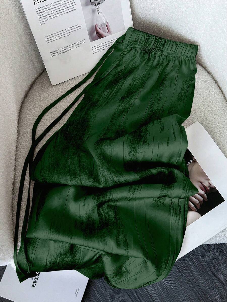 SHEIN LUNE Women's Casual Vacation Ink Painting Chiffon Satin Pants, Wide Leg Trousers - Dark Green - View 1