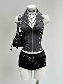 StreetHx 女士朋克摇滚音乐节无袖修身衬衫 - 灰色 - 查看 1