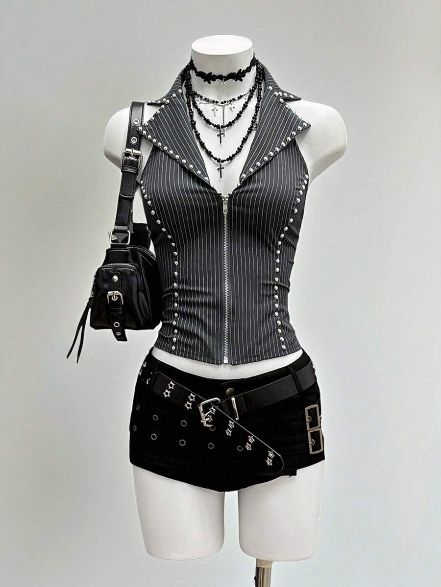 StreetHx 女士朋克摇滚音乐节无袖修身衬衫 - 灰色 - 查看 1