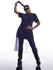 SHEIN EZwear 大码女式休闲纯色网纱连衣裙，春夏款 - 藏蓝色 - 查看 5