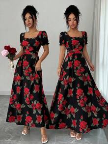 SHEIN Elenzya Đầm nữ in hoa hồng, cổ vuông, eo thon, dáng chữ A, tay phồng, thanh lịch, thích hợp mặc hàng ngày/đi nghỉ mát/đi làm, dự tiệc, phong cách đường phố Pháp, đa năng, màu trắng, in hoa hồng đỏ, thích hợp cho đầu xuân/xuân-hè, tay ngắn, dáng midi. - Đỏ và đen - Xem 5