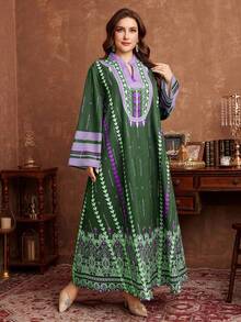 Al Najma Women's Loose Long Sleeve Floral Print Elegant Plus Size Arabian Dress - Multicolor - View 3