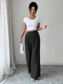 Elenzga Celana Panjang Wanita Pinggang Tinggi Hitam dengan Kancing Emas, Celana Panjang Kantor Elegan Musim Panas dengan Potongan Lebar untuk Pemakaian Sehari-hari, Pernikahan, Acara Formal, Perjalanan, dan Wisuda - Hitam - View 4