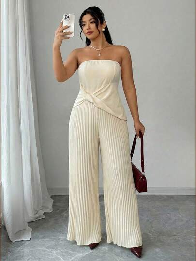 Elenzga Bộ jumpsuit không dây vai, xếp ly, xoắn, màu trơn dành cho nữ cỡ lớn, thanh lịch, thoải mái, thích hợp đi làm, đi nghỉ mát, đi chơi, hẹn hò.