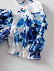 GlowEve 女士极简印花短袖系带连衣裙 - 藍白色 - 查看 3