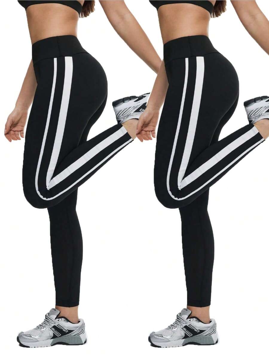 Eassivo Quần legging thể thao dáng ôm, kẻ sọc, thoáng khí, kiểu dáng thường ngày. - màu đen - Xem 1