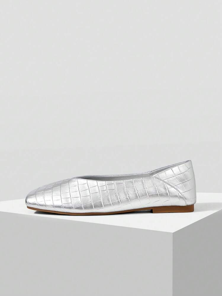 WOMEN SHOES NEW FRENCH RETRO FASHION STONE PATTERN FLAT BOTTOM SQUARE TOE V-CUT SHOES, SILVER SIMPLE AND VERSATILE, COMFORTABLE AND ELEGANT TEMPERAMENT, ADVANCED SENSE, SLIP-ON MARY JANE SHOES