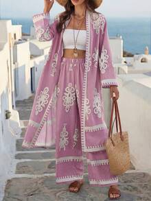 Breezaya 复古图案女士两件套 女士度假套装 女士假日套装 波西米亚风套装 女士套装 女士夏季套装 两件套 Yk 套装 裹身开衫 女士开衫 女士沙滩套装 女士罩衫 波西米亚风夏季套装 女士夏季套装 女士春季套装 - 粉色 - 查看 5