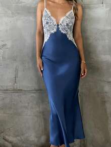 Pariaura 女士优雅法式撞色蕾丝吊带裙 - 藍色 - 查看 4