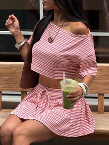 FavEase Pink And White Striped Summer Casual Beach Women's 2-Piece Outfit,Loose Off-Shoulder Short Sleeve Cropped Top & High-Waist A-Line Mini Skirt Set - Pink - View 4