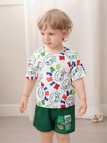 TEENAGE MUTANT NINJA TURTLES | SHEIN Set Piyama Bayi Laki-Laki Lengan Pendek dan Celana Pendek Motif Kartun - Hijau - View 3