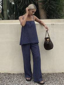 DAZY Conjunto de 2 piezas de verano para mujer, de unicolor, informal, para descansar - Azul Marino - Ver 3