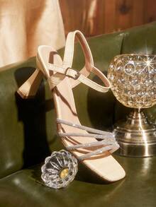 CUCCOO TILAWA Sandal Hak Tinggi Elegan Wanita dengan Ujung Persegi dan Hiasan Berlian Imitasi, Bahan PU Motif Batu Aprikot Gelap, Sepatu Musim Semi, Liburan Musim Semi, Paskah, Sepatu Makan Malam, Natal, Sepatu Hak Tinggi Musim Panas untuk Hari Valentine - Aprikot gelap - View 3