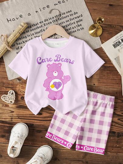 SHEIN X Care Bears 女童（加大码）卡通印花圆领短袖T恤和短裤套装